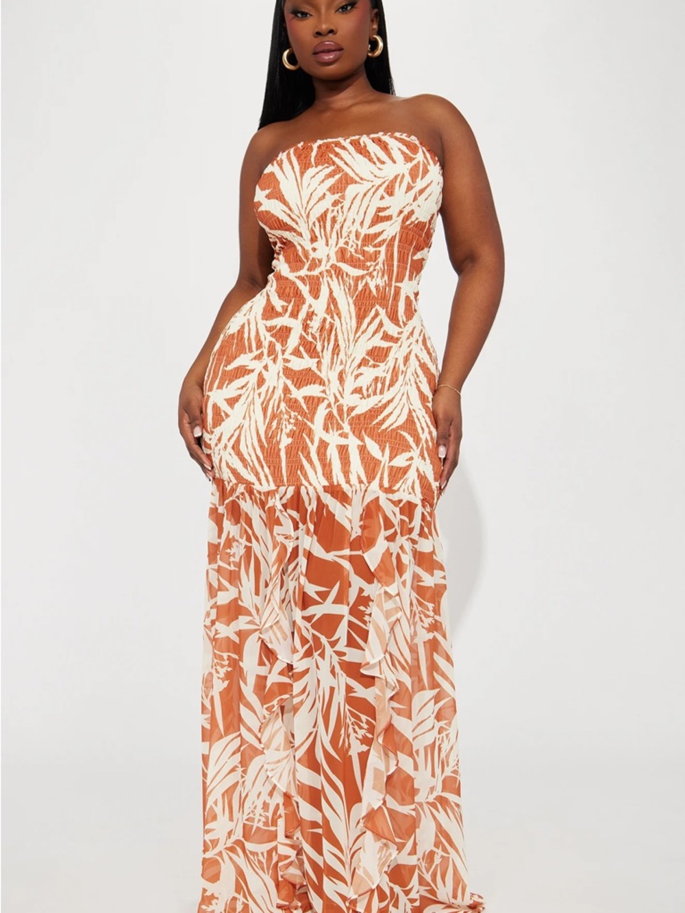 Fashion Nova Strapless Rust & White Tropical Print Maxi Dress